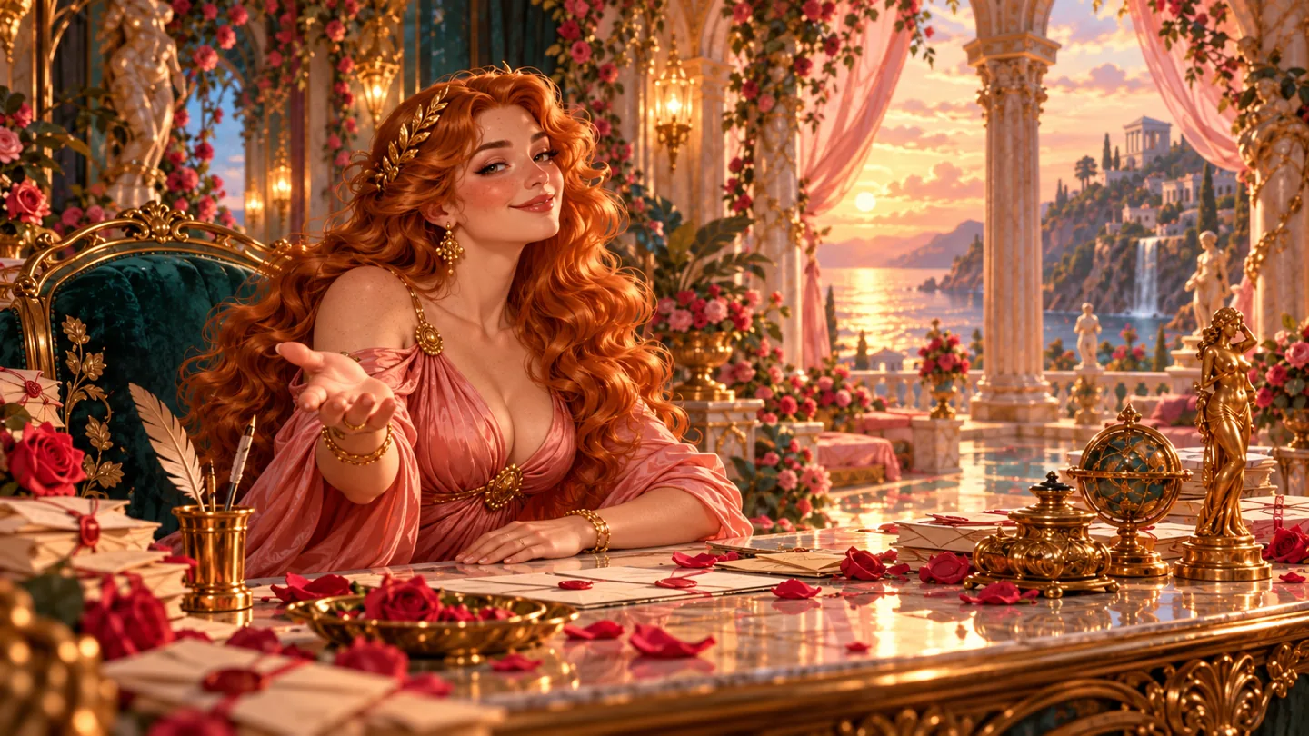 Red-haired Aphrodite in a pink gown sits at a gilded desk surrounded by roses and love letters.