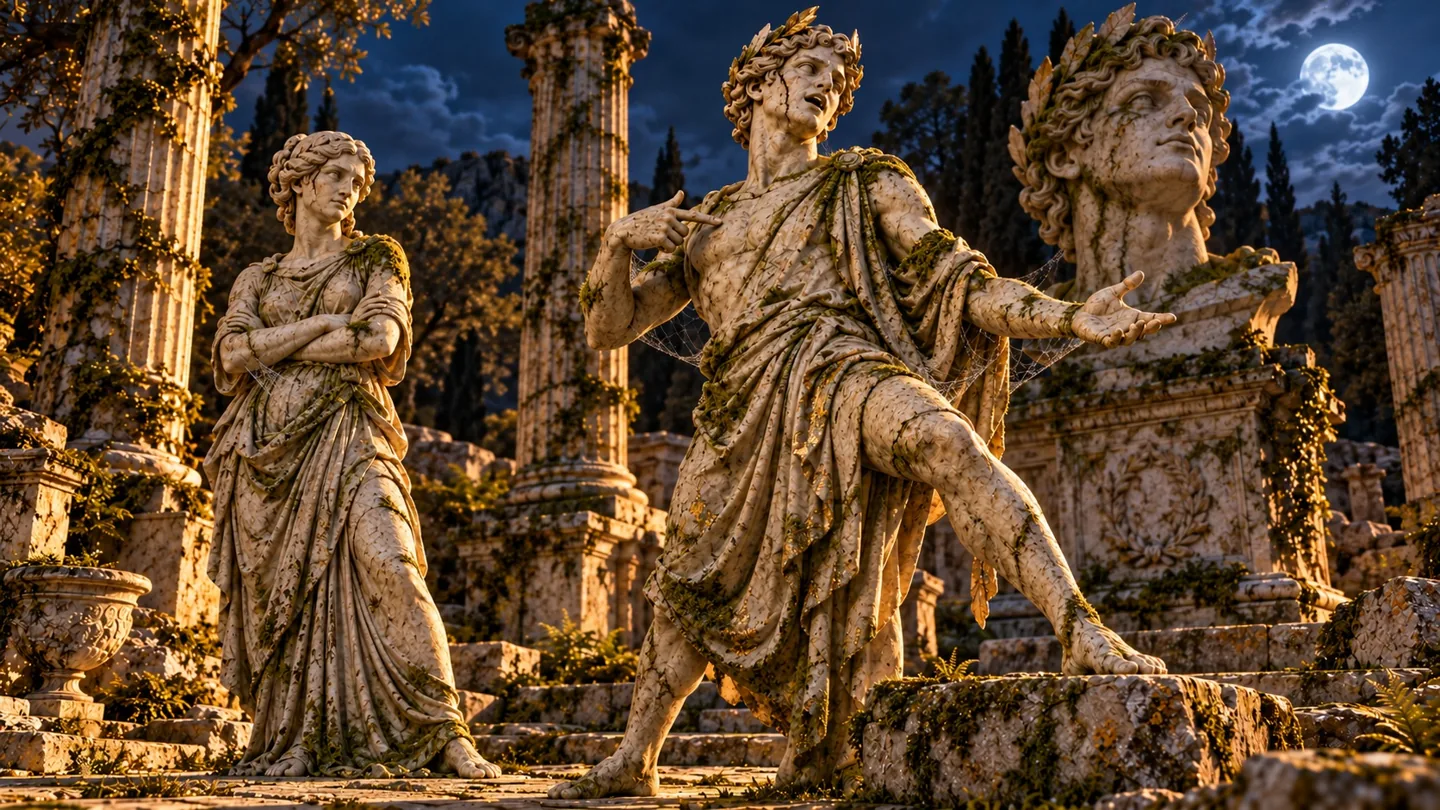 A weathered marble Apollo gestures before an enormous bust of himself as his companion waits.