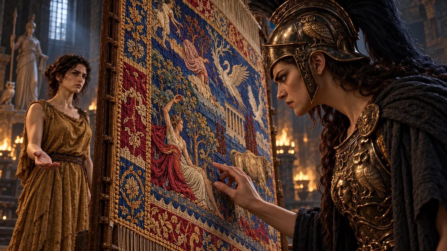 Athena studies a blue-and-gold tapestry while Arachne waits on its other side.