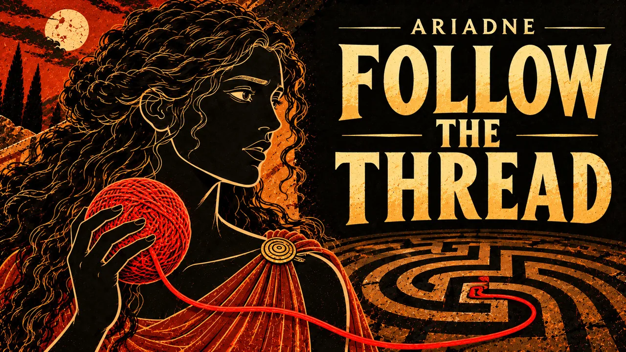 Black-figure-inspired Ariadne holds a red ball of thread against a terracotta labyrinth, with the film title above.