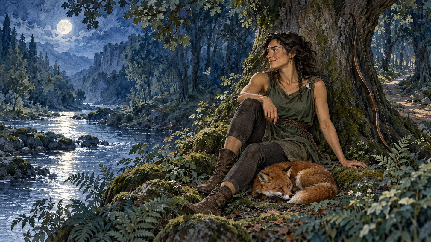 Artemis rests beside a moonlit river with a fox asleep at her feet and her bow against an oak.