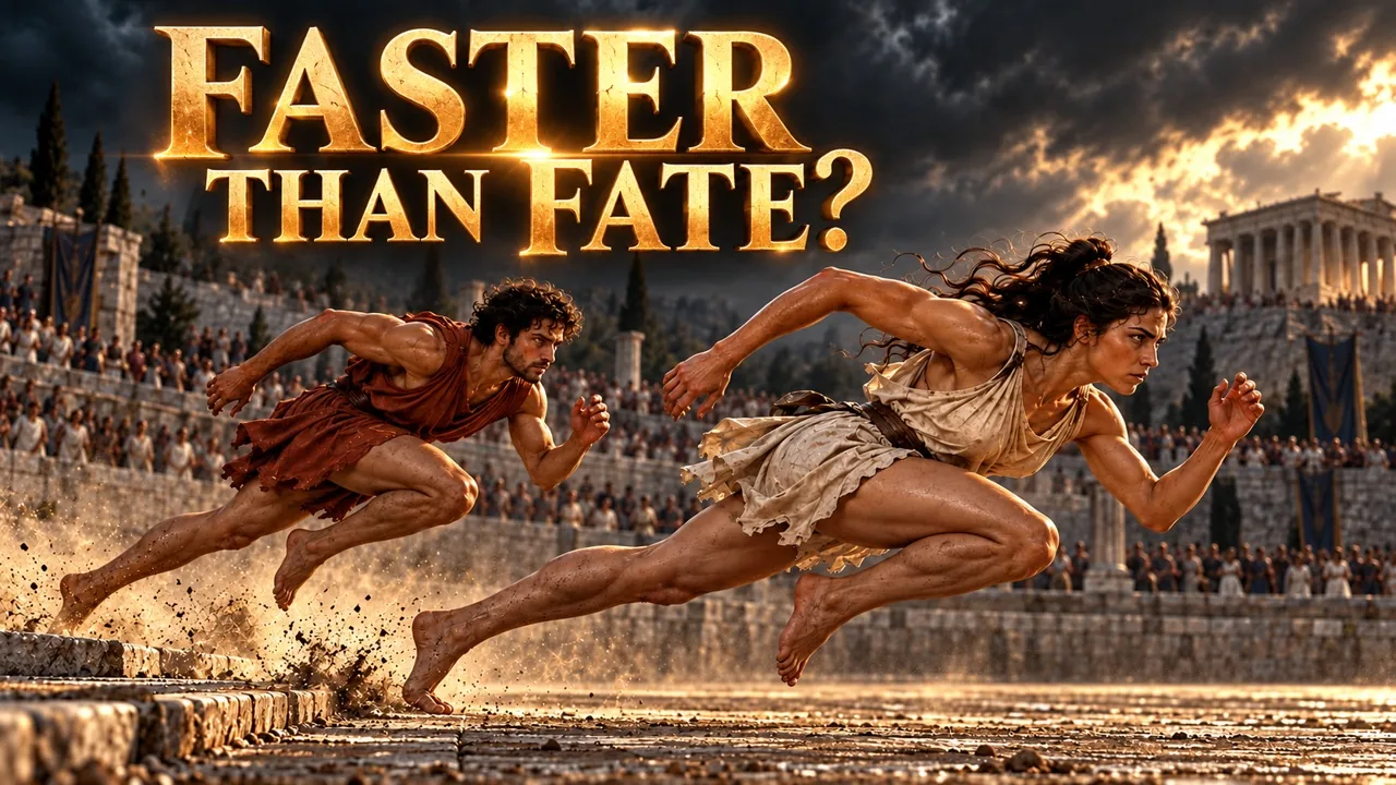 Atalanta races ahead of a male runner in a stormy Greek stadium under the words Faster Than Fate?