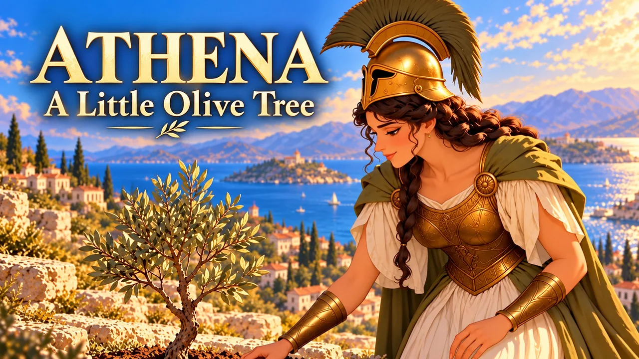 Athena in a golden helmet tends a small olive tree above a sunlit coastal city.
