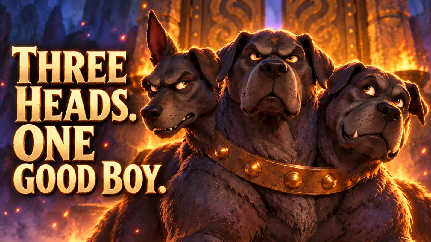 Three expressive canine heads rise above a golden collar against a blue and fiery underworld background, beside the film title.