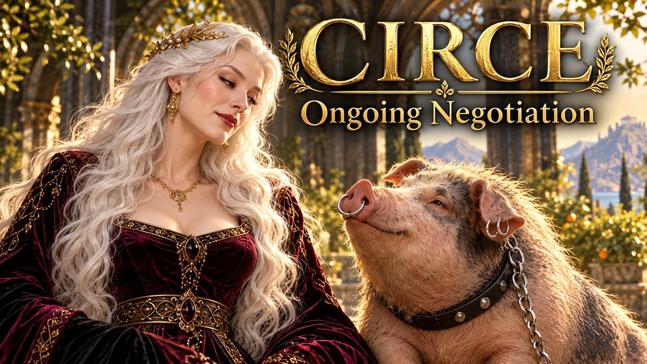 Ivory-haired Circe and a smiling pig with a studded collar beneath the title Ongoing Negotiation.