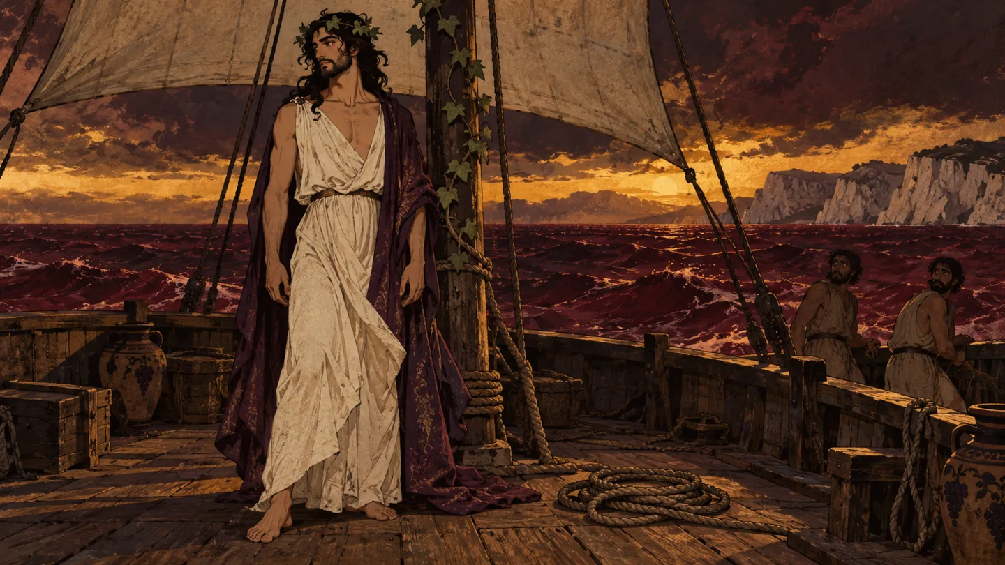 An ivy-crowned Dionysus stands at a ship’s mast as sailors watch him against a wine-red sea and golden sky.