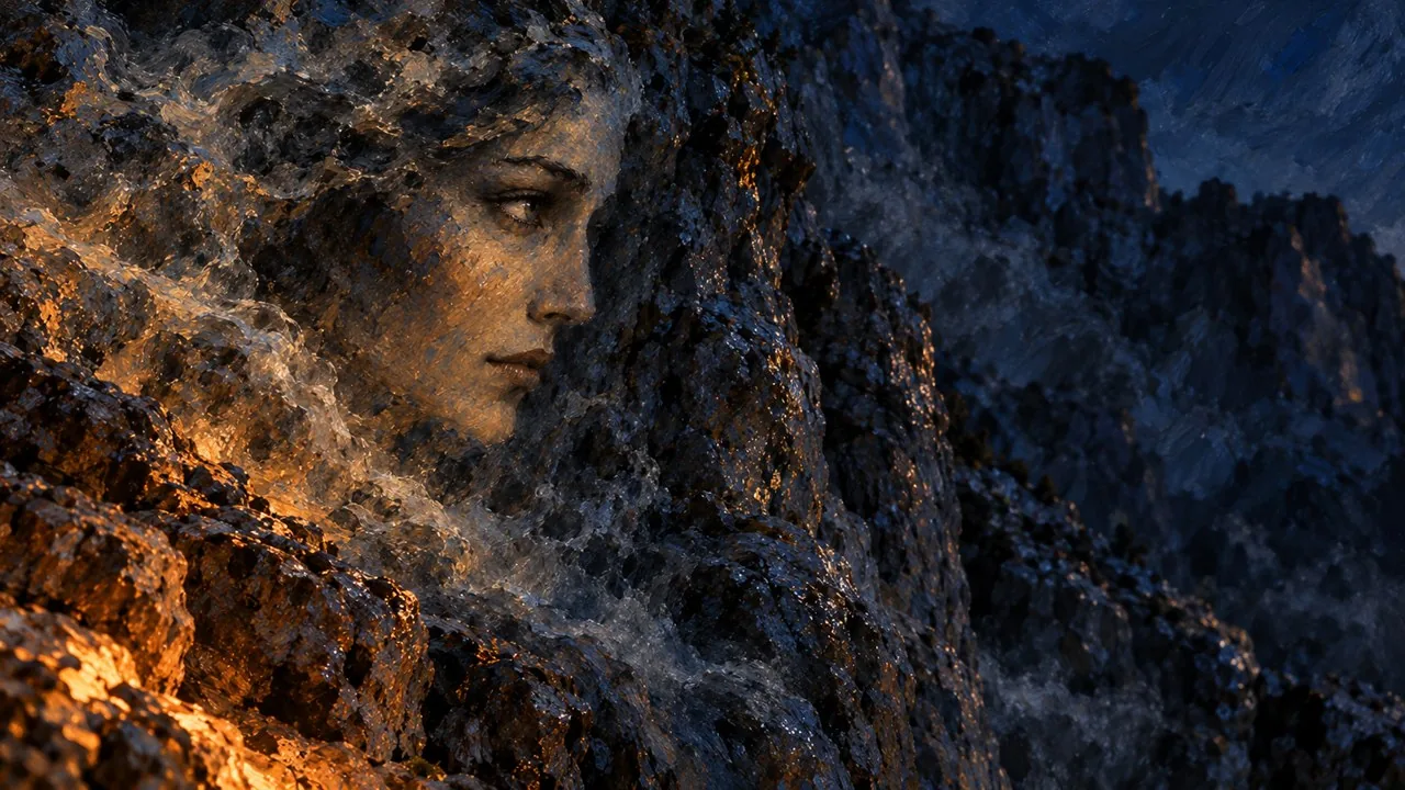 Echo’s attentive face seems to emerge from blue-grey rock lit by amber fire.