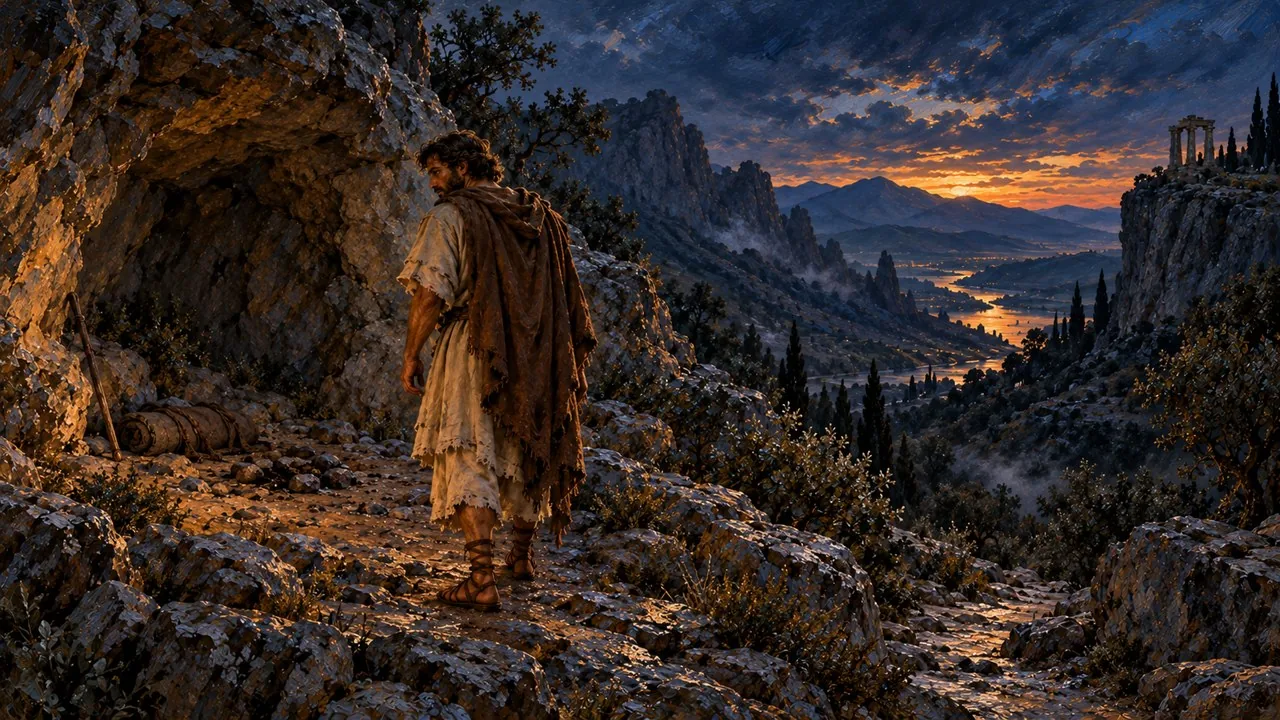 A traveller arrives at a rocky shelter above a valley at dusk.