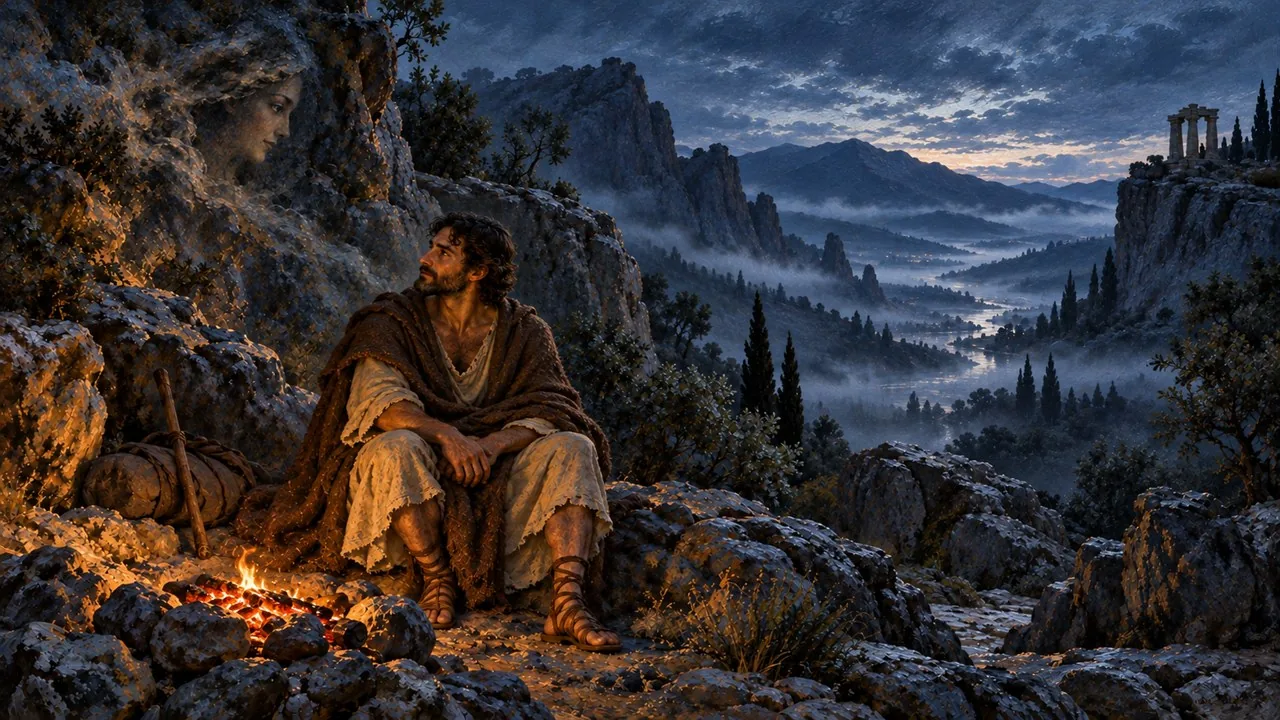 The traveller sits beside a fire and looks towards Echo in the rock above him.