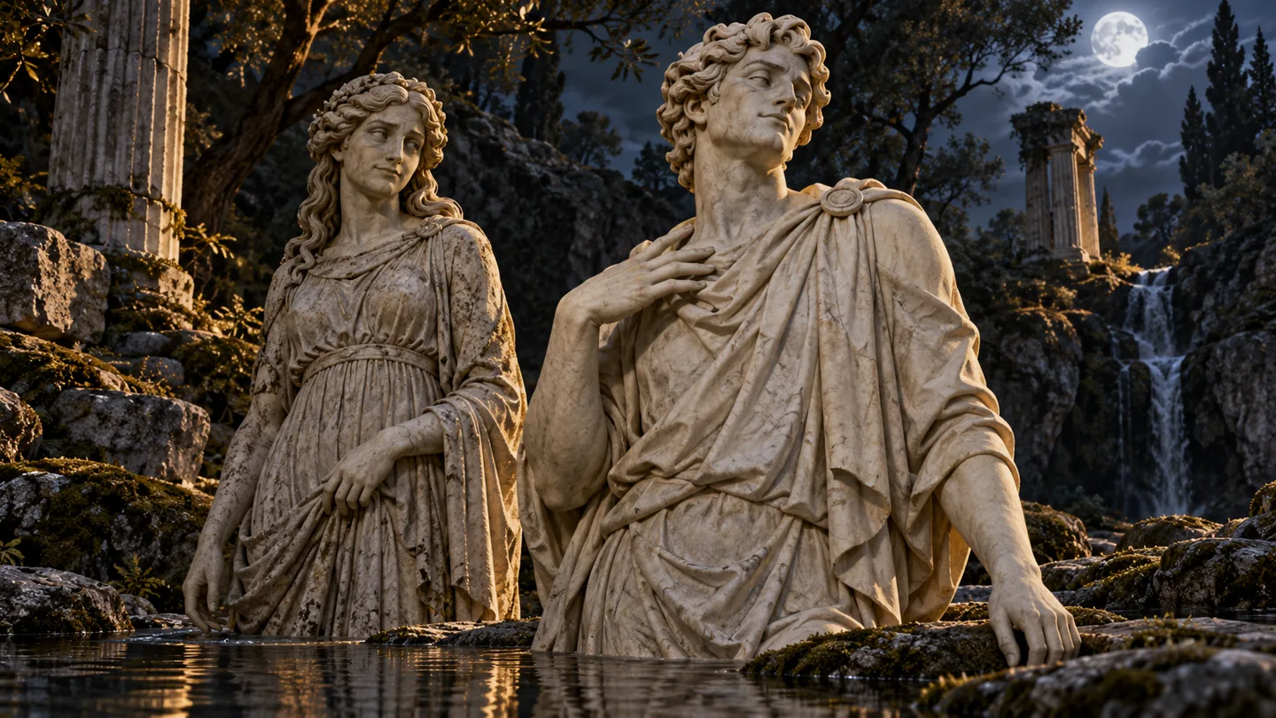 Stone Narcissus admires himself in front of Echo among moonlit ruins and a reflective pool.