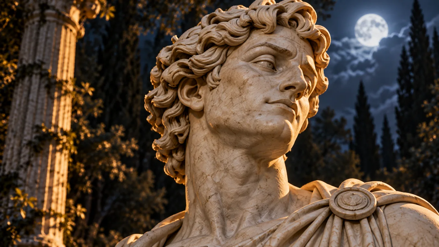 Close portrait of Narcissus rendered as a weathered classical stone figure.