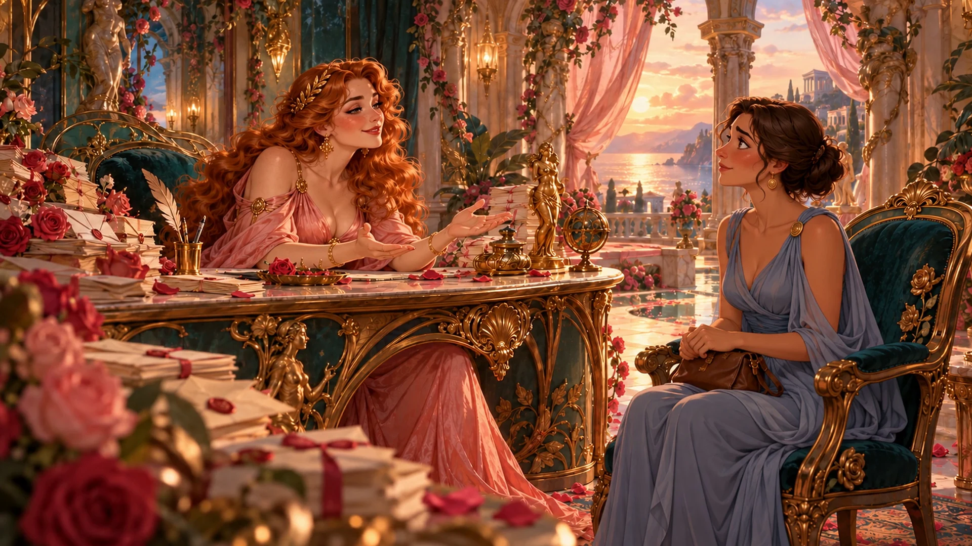 Aphrodite gestures across a rose-covered desk towards a woman in blue in a sunlit palace.