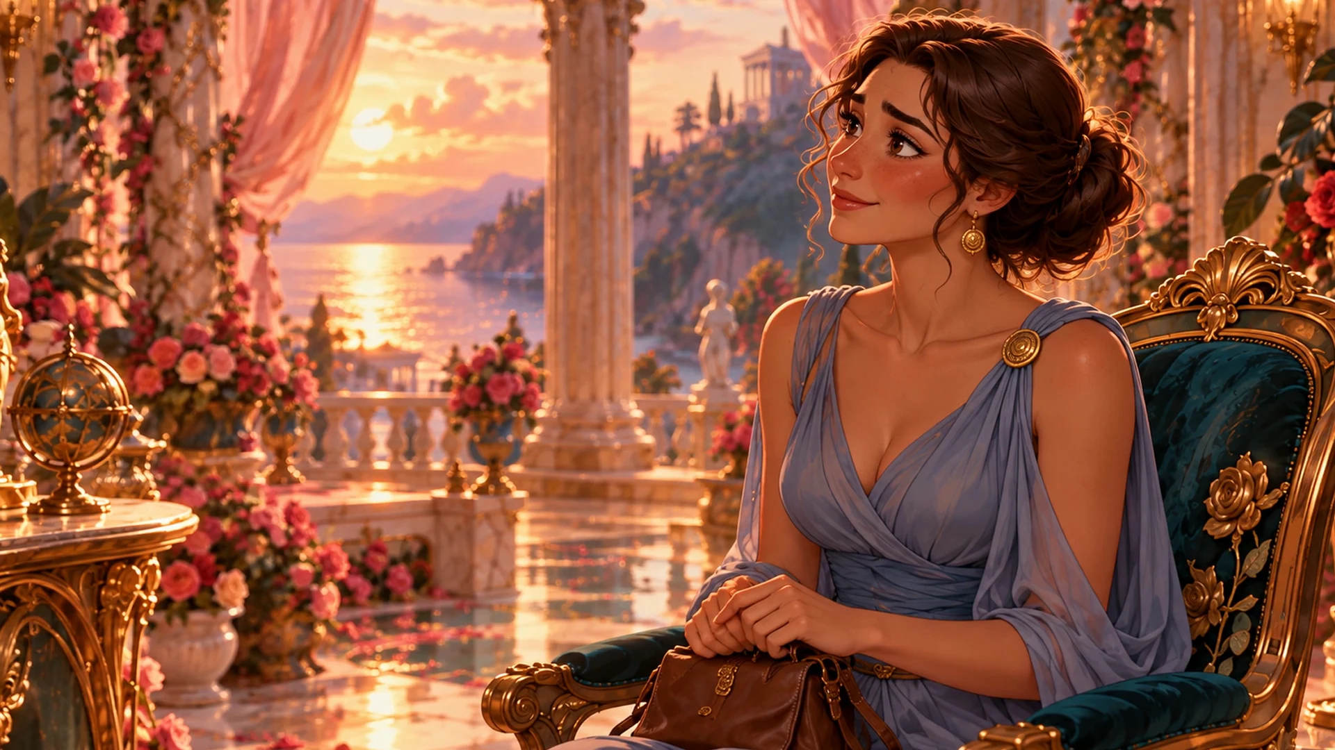 A dark-haired woman in a blue dress listens from a green chair, with the sea glowing beyond the palace columns.
