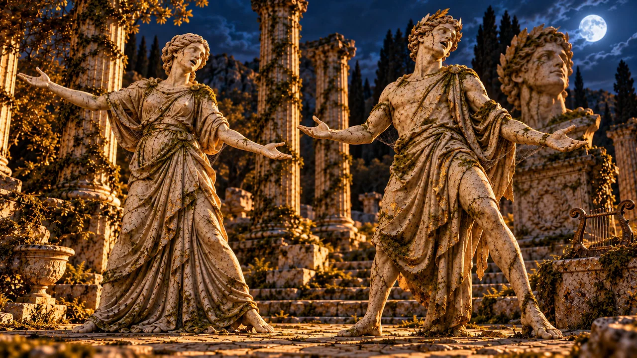Two marble figures sing with open arms among moonlit columns, with Apollo’s oversized bust behind them.