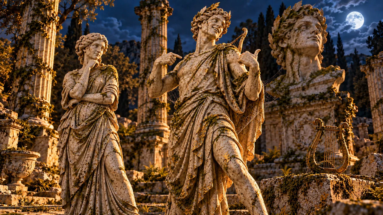Apollo gestures beside a lyre and a giant bust of himself while his marble companion stands with folded arms.