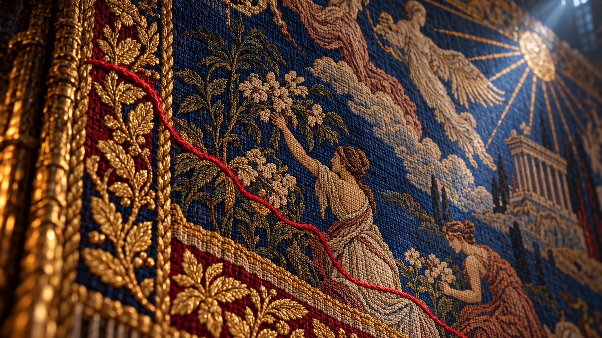 A close view of figures, a white bird and a red thread woven into Arachne’s blue-and-gold tapestry.