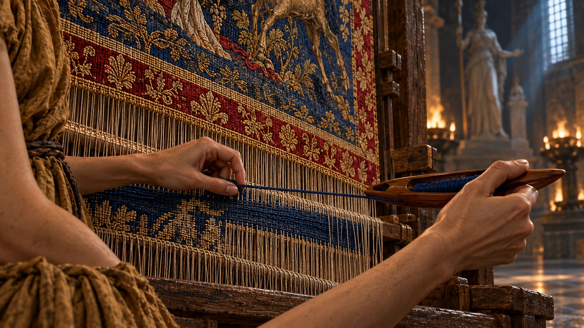 Arachne works a wooden shuttle through blue threads beneath a gold-bordered tapestry.