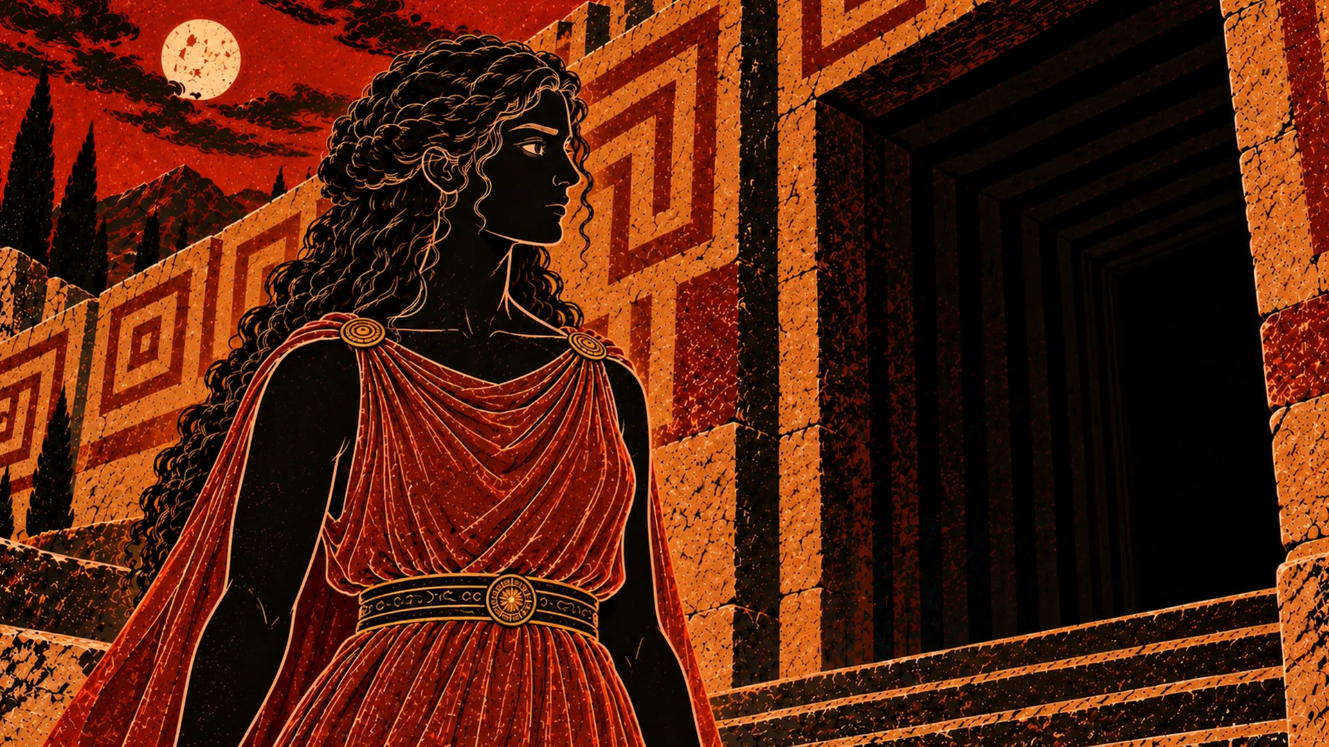 Ariadne stands beside the dark entrance to the Labyrinth beneath a red sky.