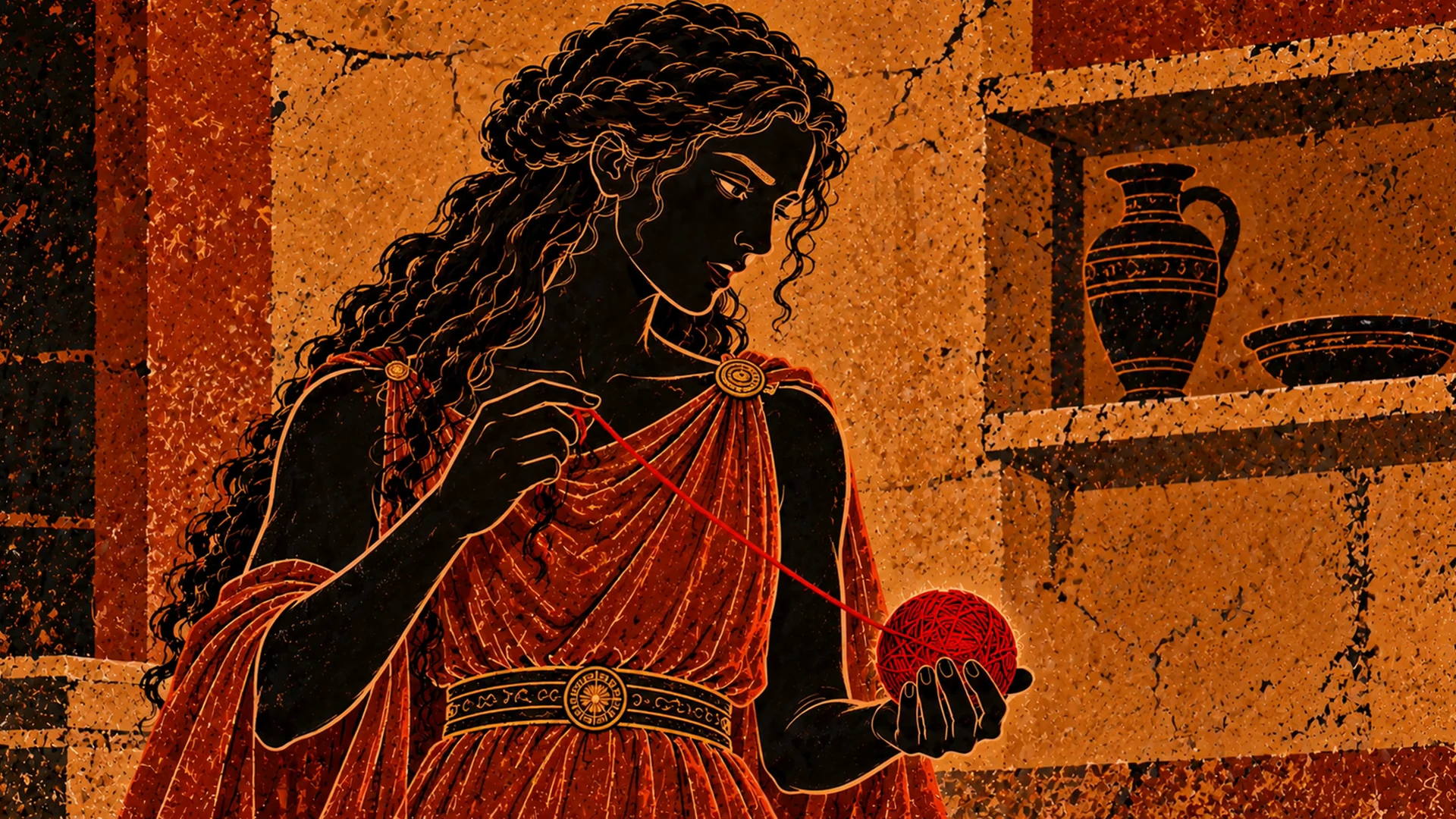 Ariadne holds a red ball of thread in black-and-terracotta artwork beside shelves of pottery.