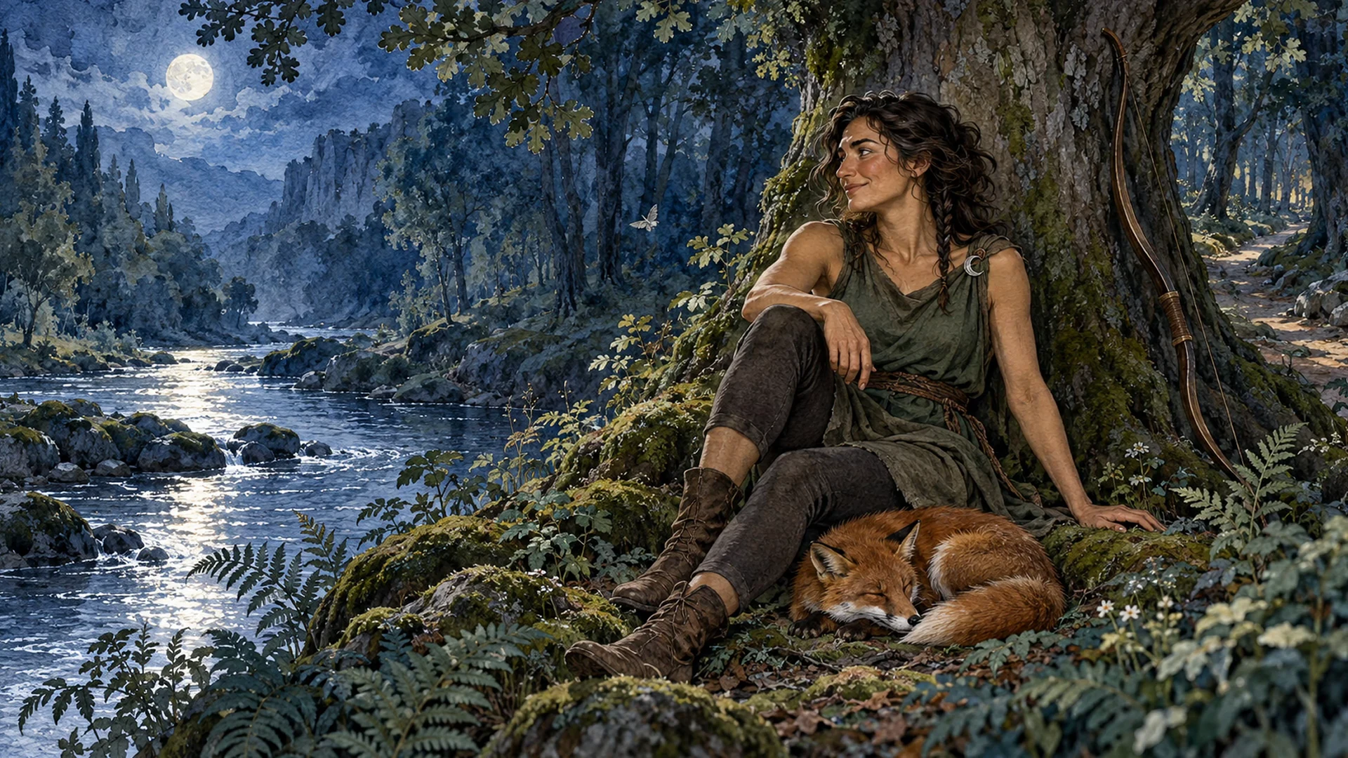 Artemis rests against an oak beside a moonlit river, with a fox curled at her feet.