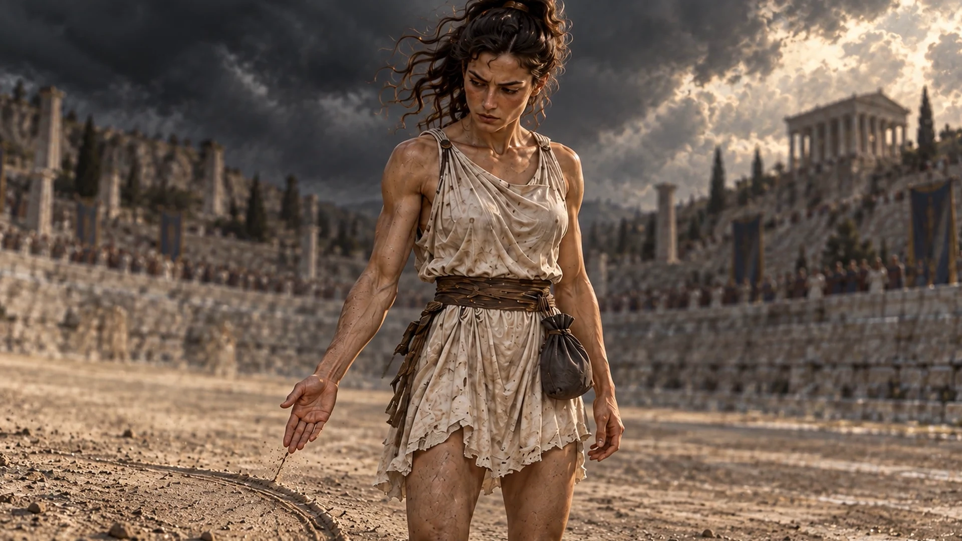 Atalanta stands on the stadium track and gestures down towards the ground.