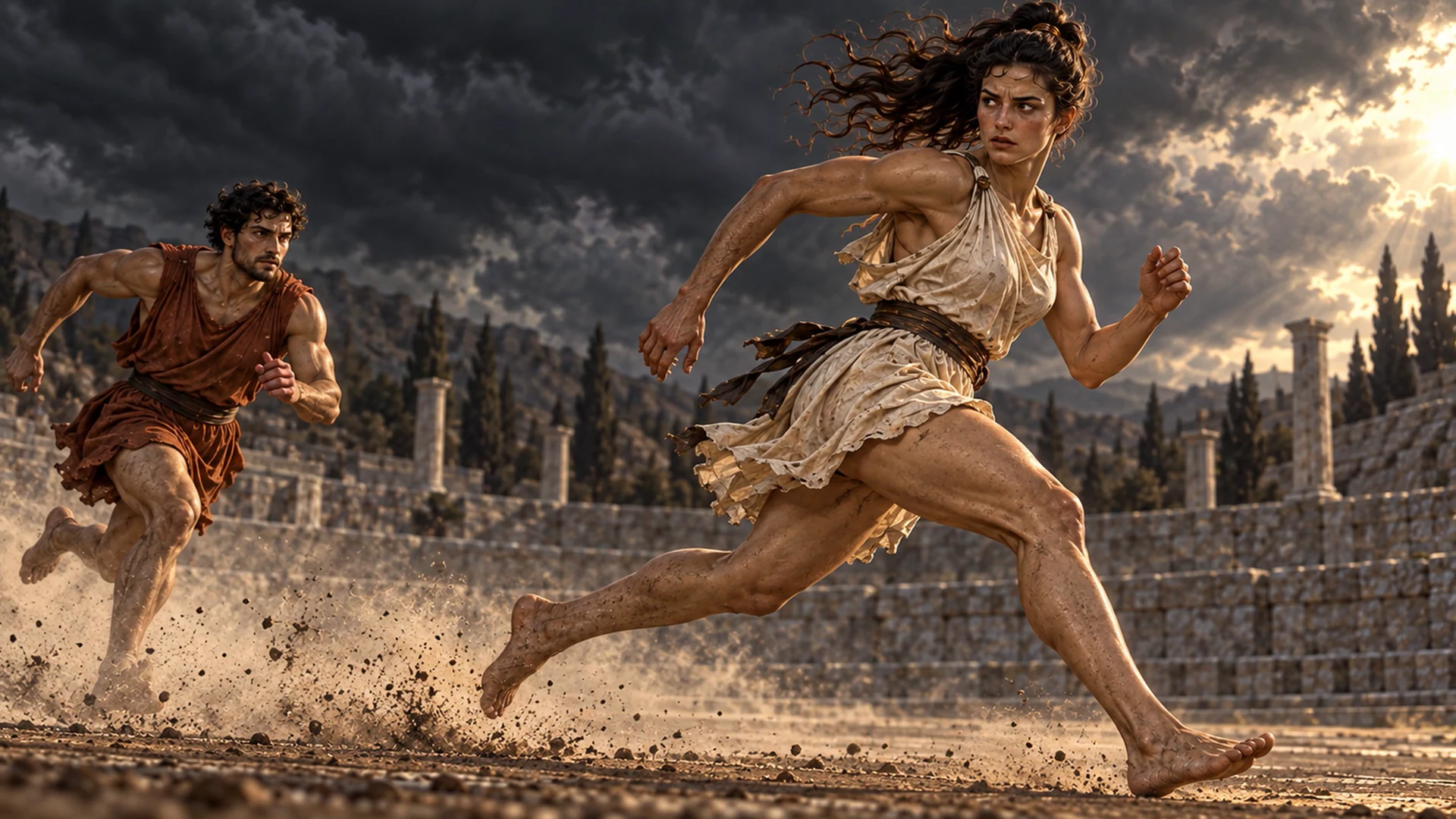 Atalanta races ahead of a man in a crowded stone stadium beneath storm clouds.