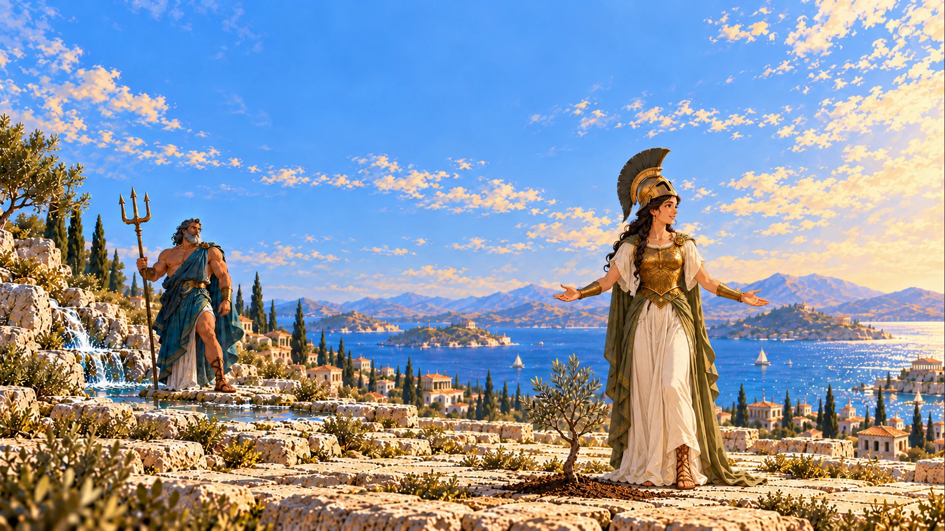 Athena and Poseidon stand apart on a sunlit stone hillside above the sea and city.