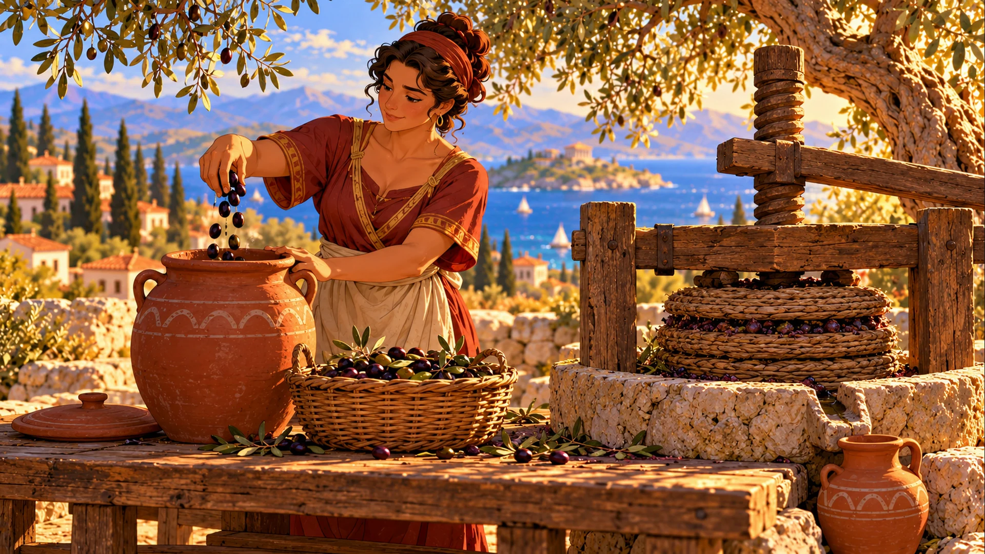 A woman works with a jar, a basket of olives and a wooden press beneath an olive tree.