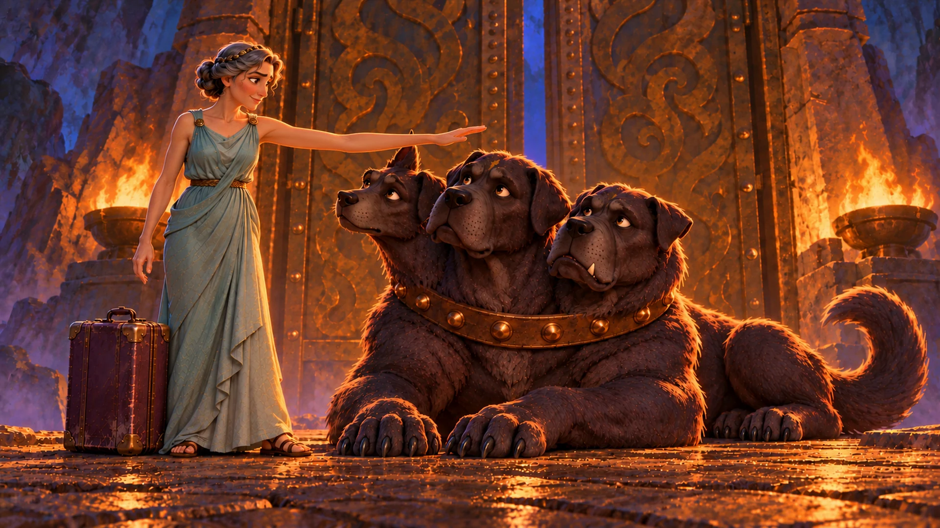 A woman in a pale blue dress reaches towards the three heads of Cerberus as he lies beside the Underworld doors.