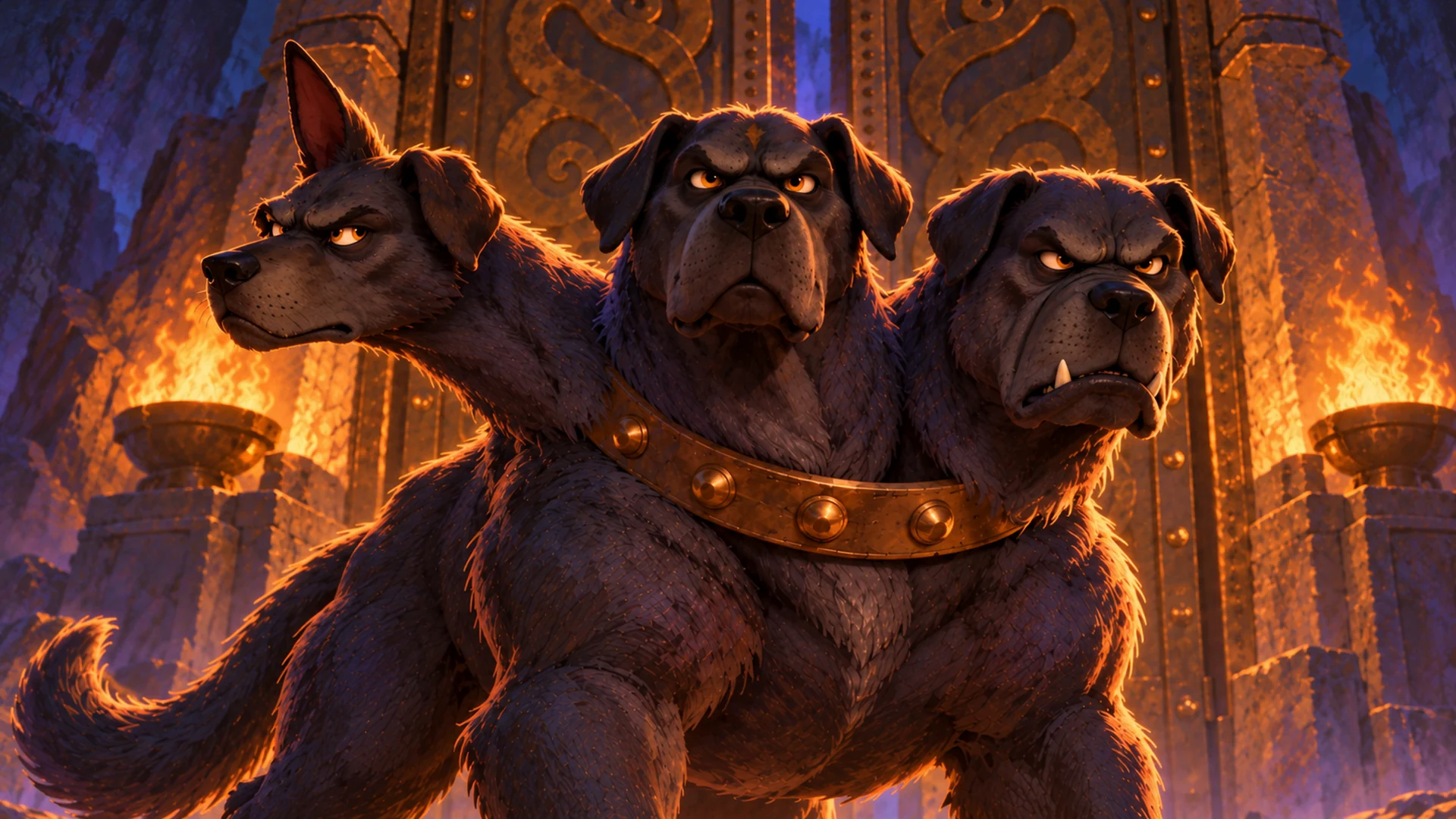 Cerberus stands alert before ornate Underworld doors, his three heads looking in different directions.