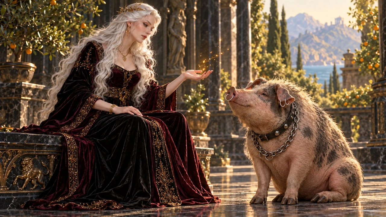 Circe holds out a glowing hand towards Gryllus, a pig in a studded collar, on a sunlit stone terrace.