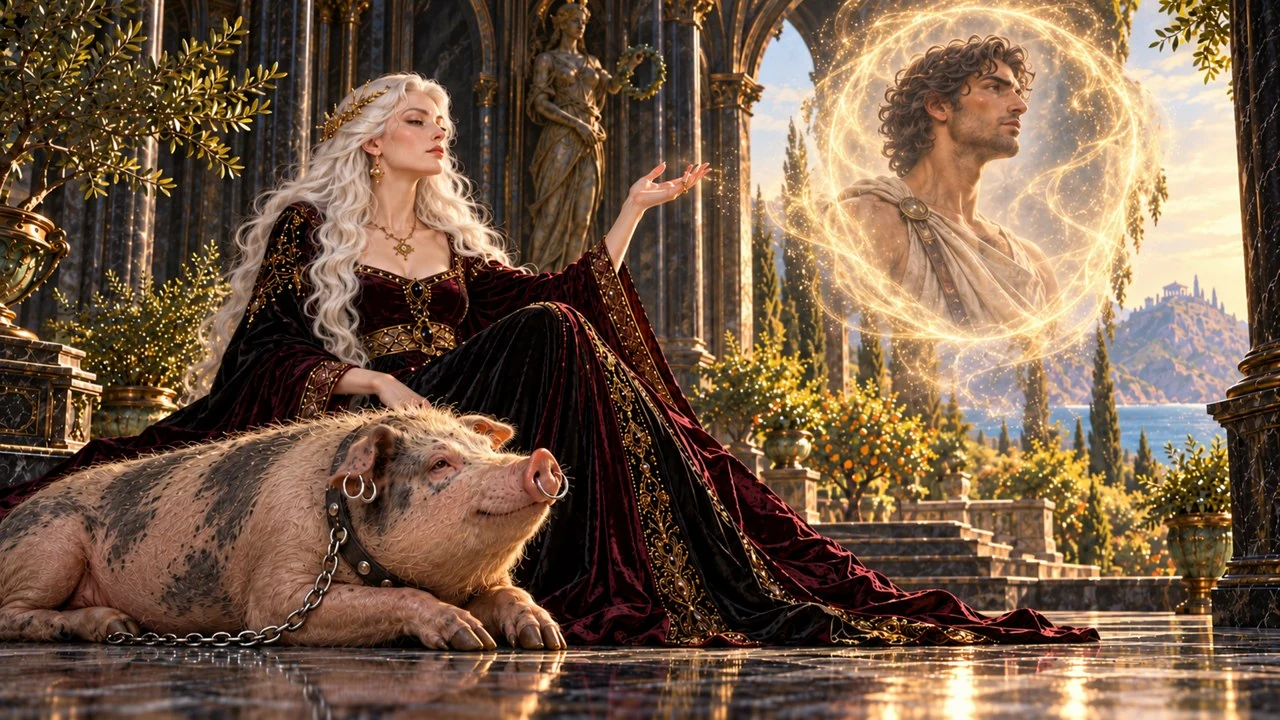 Circe sits beside Gryllus as a golden circle reveals the image of a man above her outstretched hand.