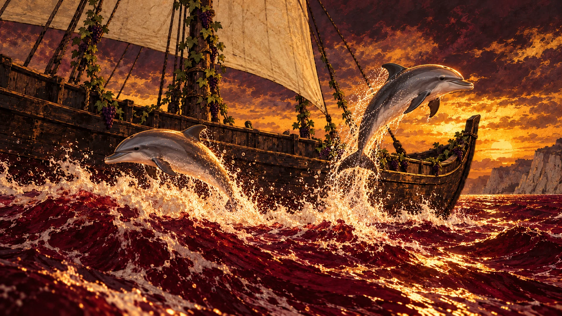 Two dolphins leap through red-gold waves beside a sailing ship at sunset.