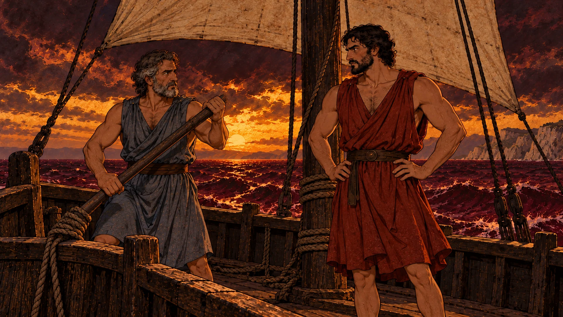 Two sailors stand beside the mast of a wooden ship under a fiery evening sky.