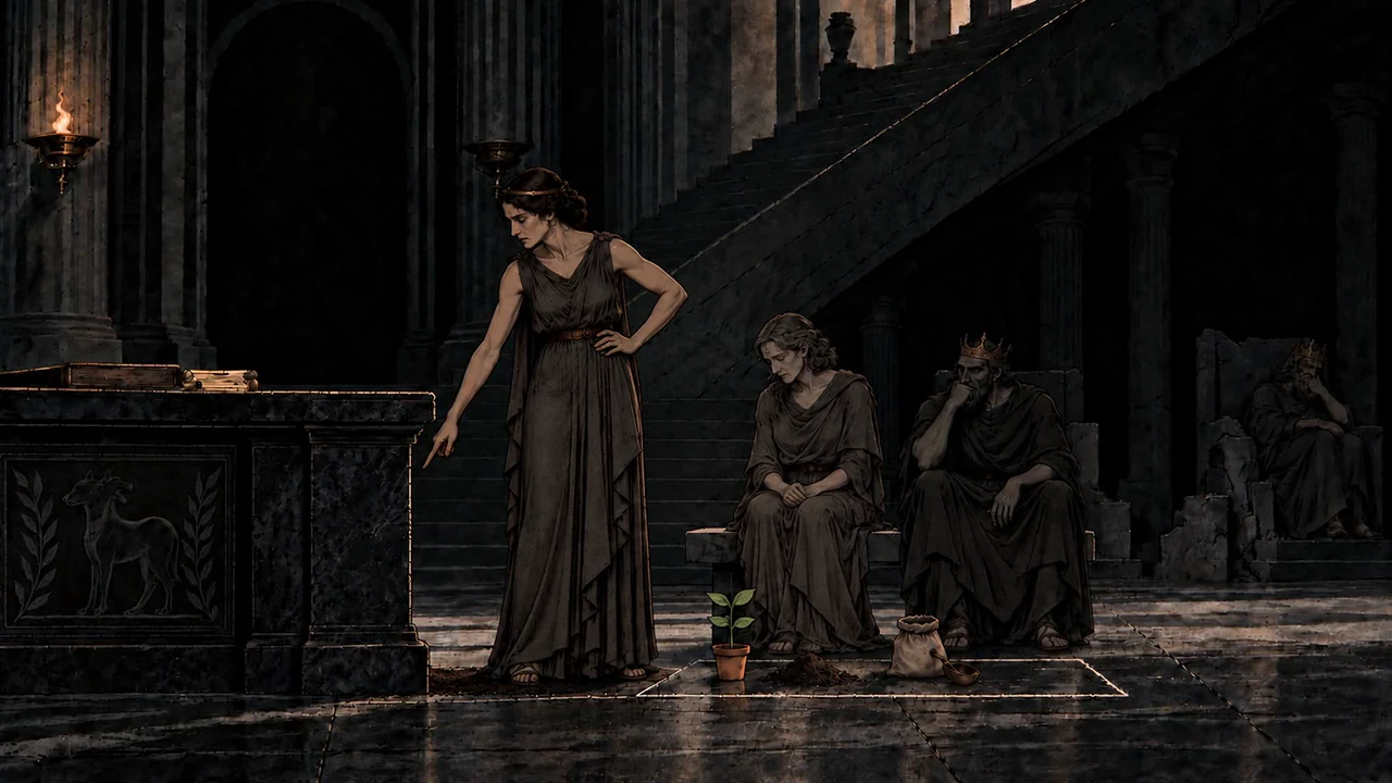 Persephone points towards the floor while seated shades watch from the shadows of a stone hall.