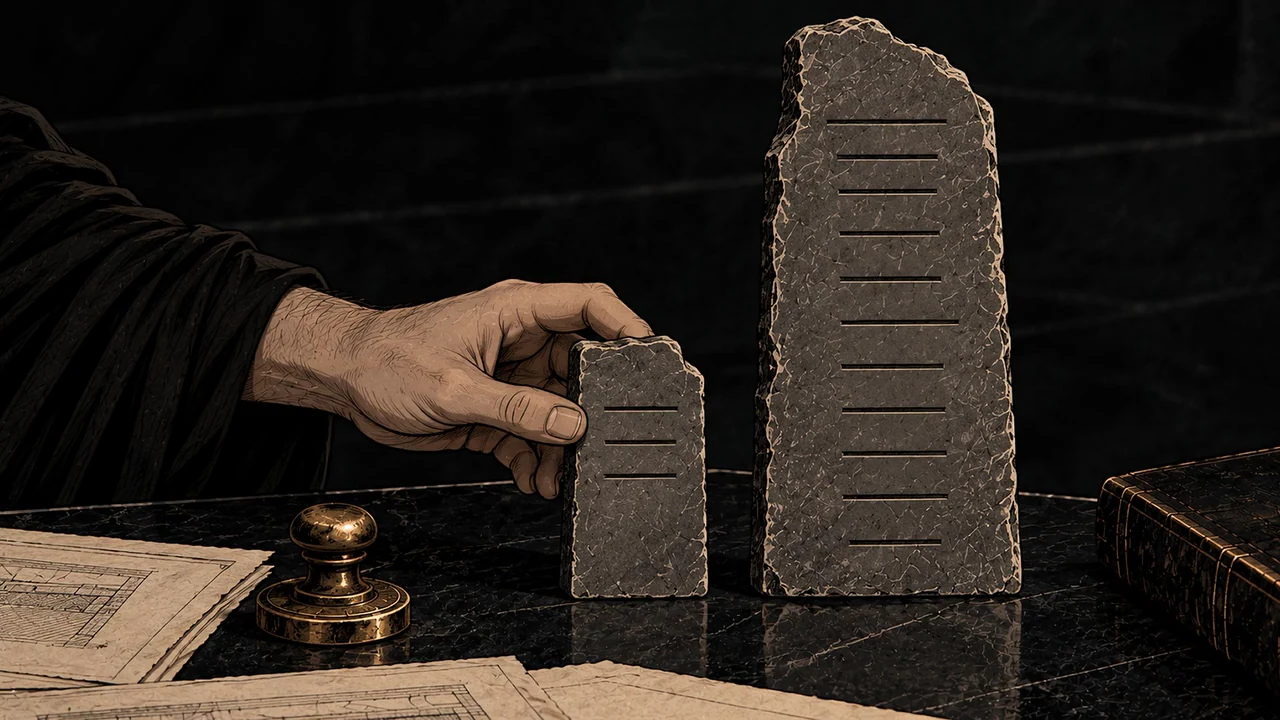 A hand places a small marked stone beside a taller tally stone on a dark desk.