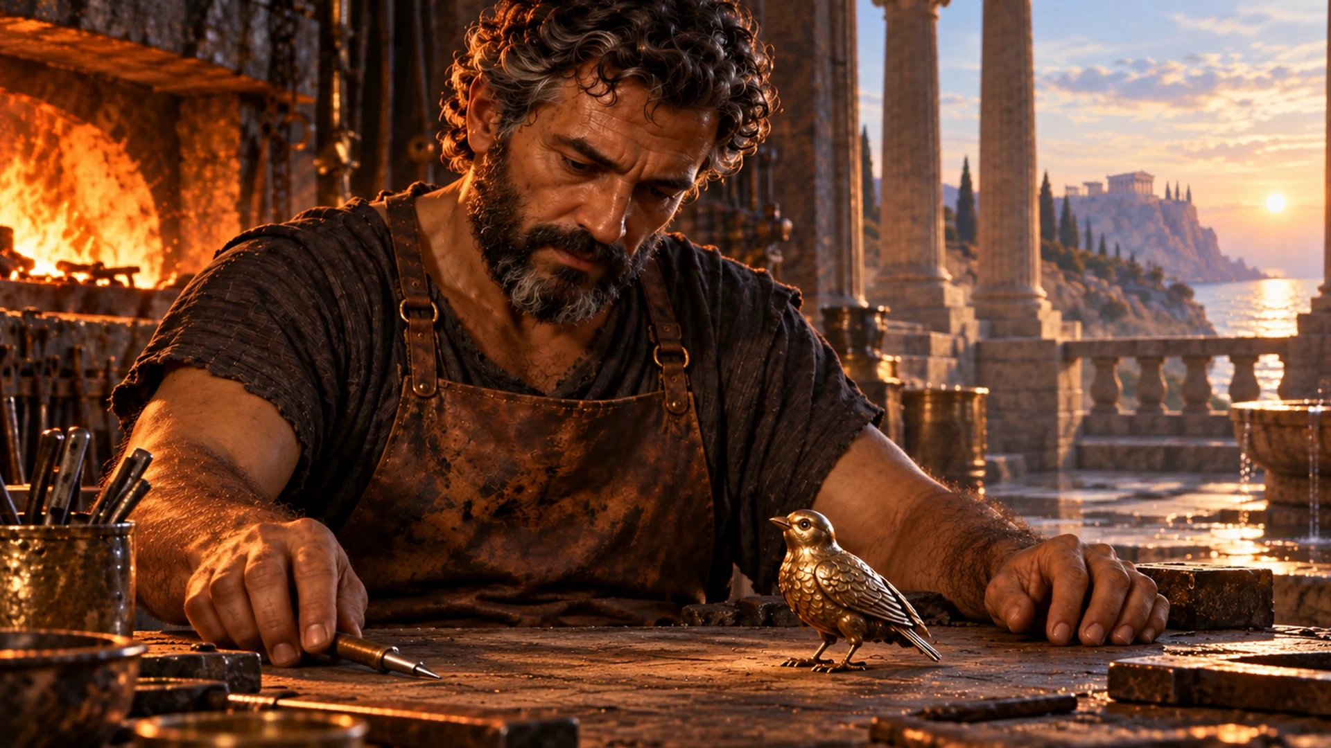 Hephaestus leans towards a tiny golden bird standing on his workbench.