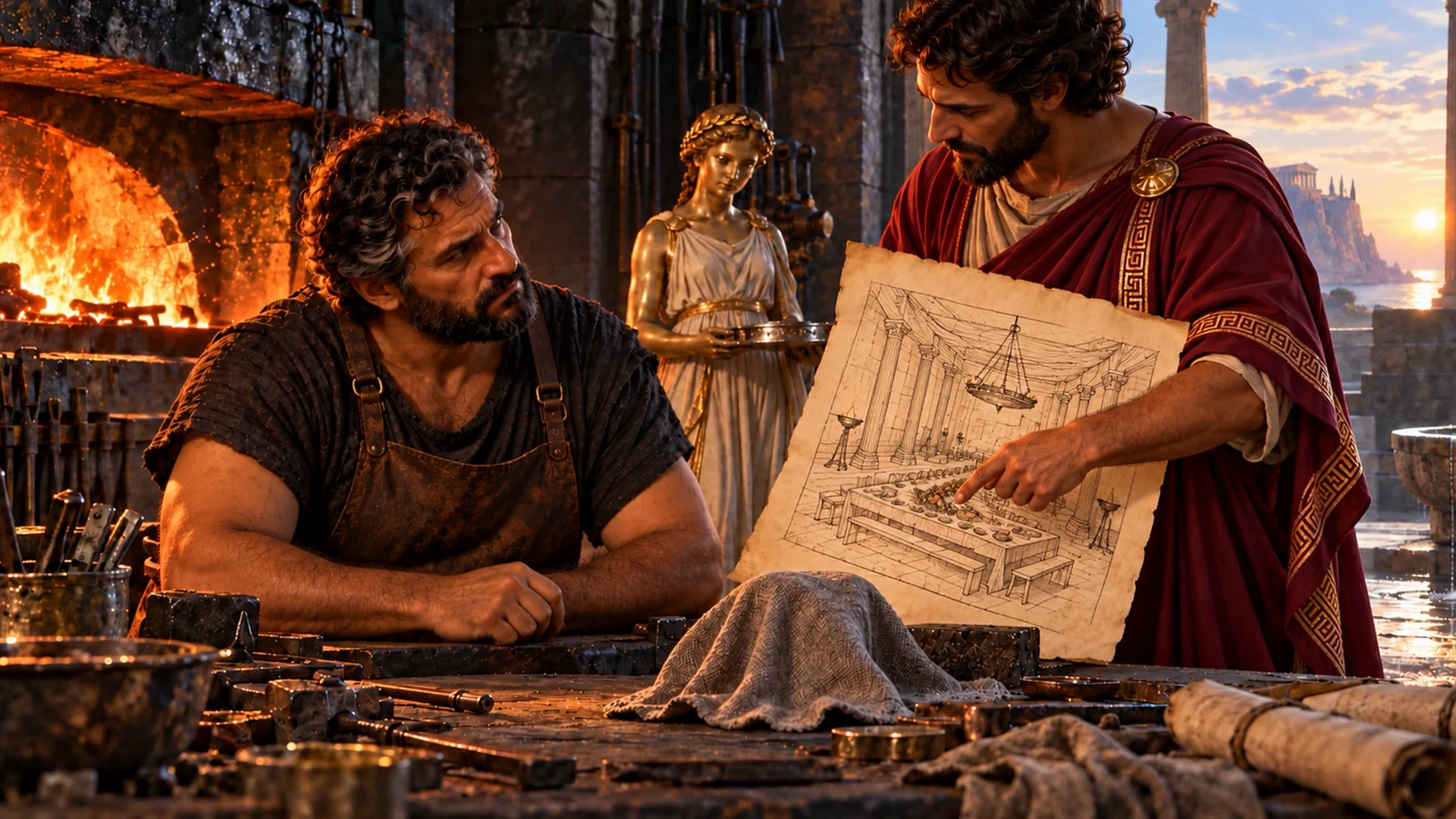 Hephaestus studies a large drawing held by a visitor beside his workbench and glowing forge.