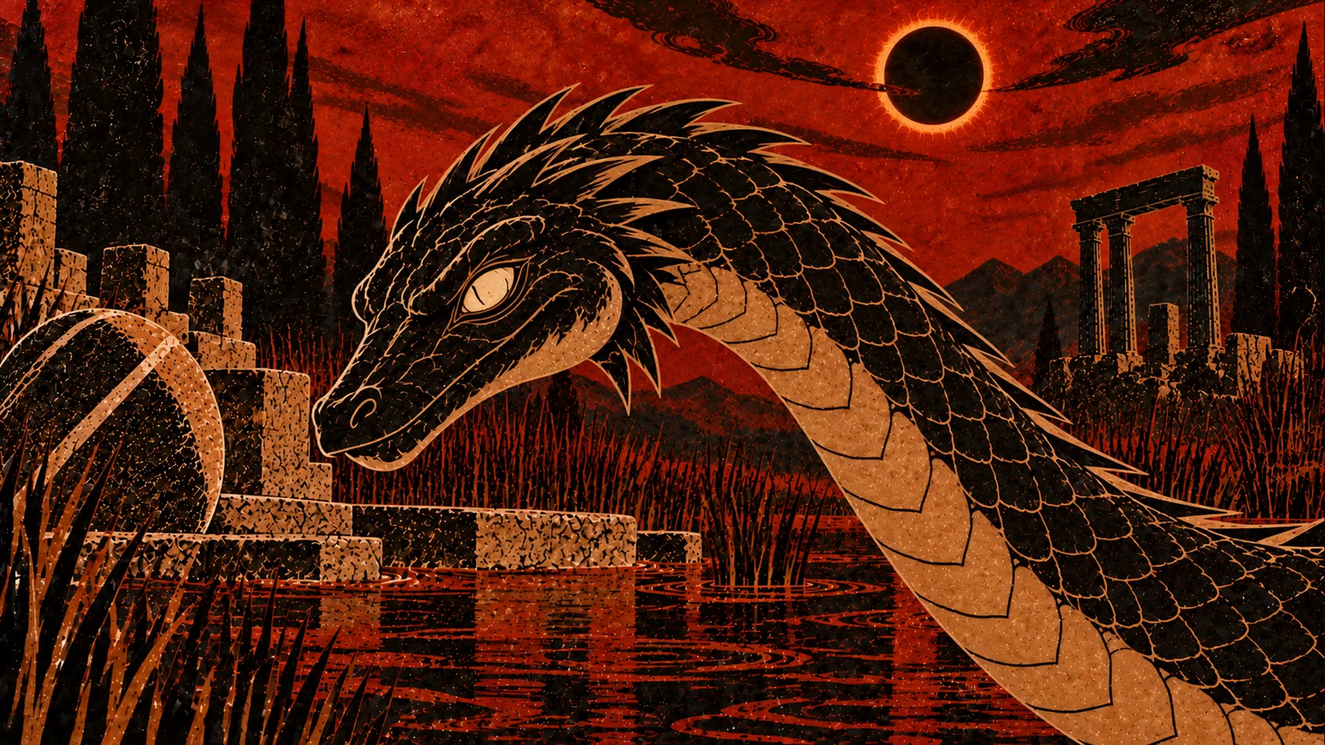 A long-necked Hydra head rises above red-and-black marshland beneath a dark sun.
