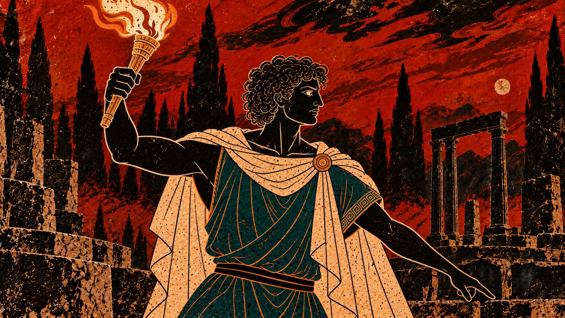 A young man in a blue-green cloak raises a flaming torch among dark ruins in red-and-gold artwork.