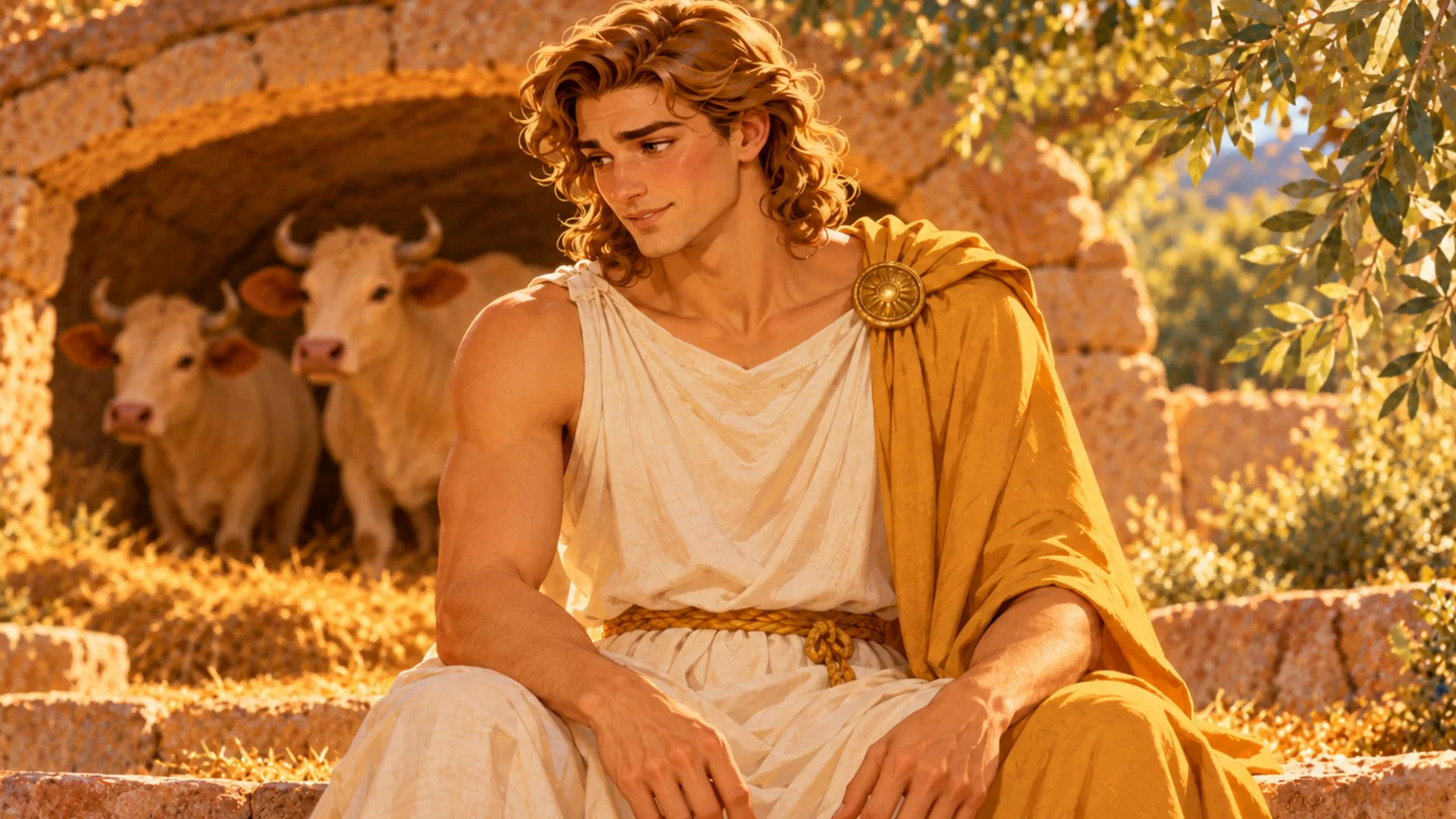 A golden-haired man in a white robe and gold cloak sits beside a stone shelter with cattle behind him.