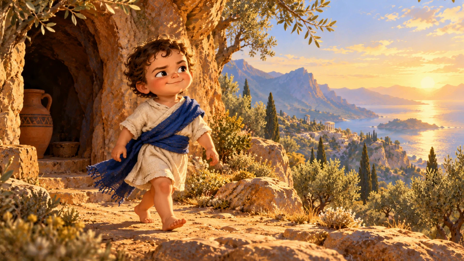 A curly-haired infant Hermes in a blue-and-white wrap walks out of a rocky shelter at sunrise.