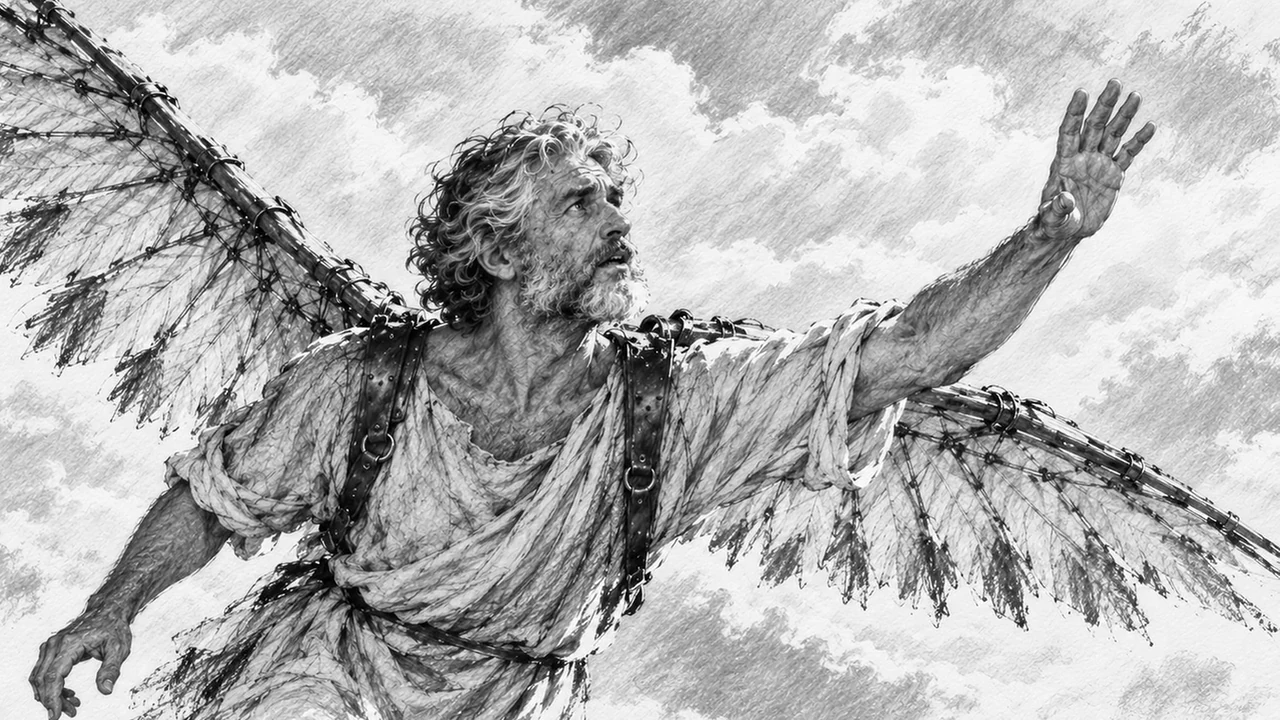 Daedalus stretches one hand upward while flying on mechanical wings through pale charcoal clouds.