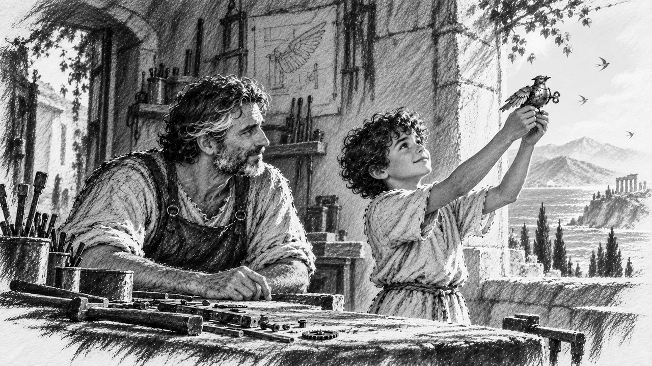 In charcoal artwork, Daedalus watches Icarus raise a small winged model beside an open workshop window.