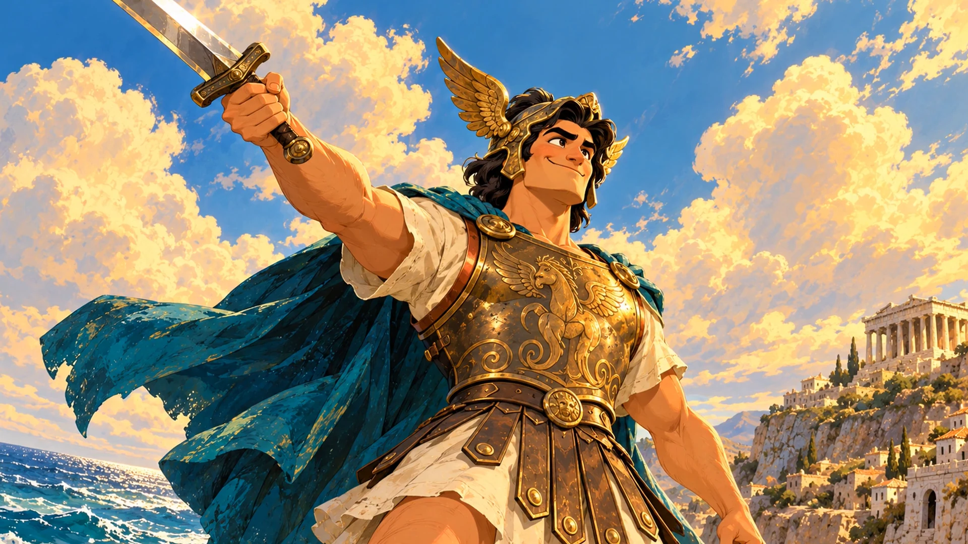 A young hero in a winged helmet raises a sword beside the sea, his blue cloak blowing behind him.