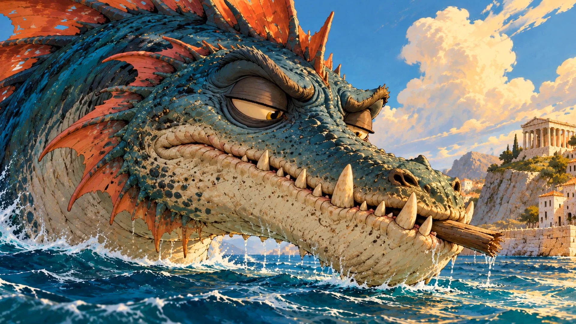 The blue-green sea monster Ketos holds a piece of wood between his teeth beside a sunlit coastal city.