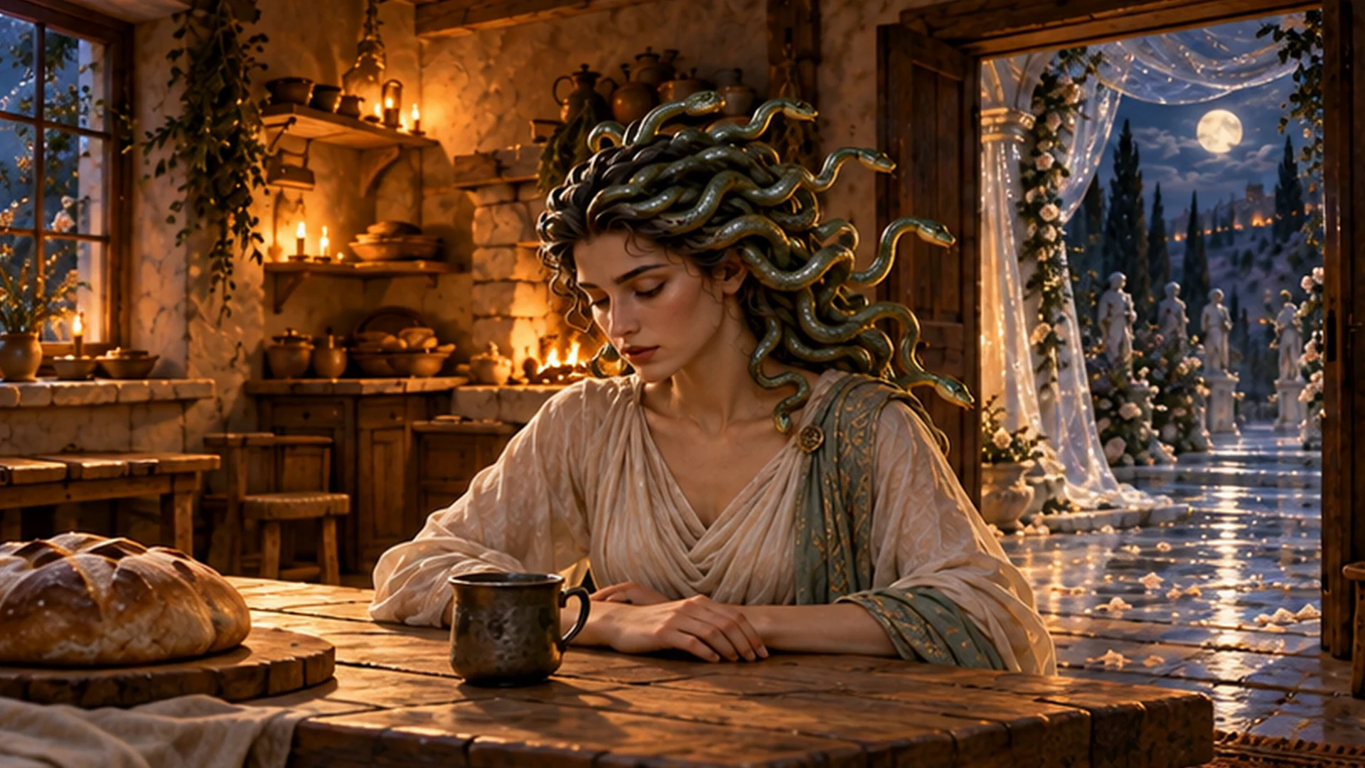 Medusa sits with lowered eyes and a cup at a wooden table in her candlelit kitchen.