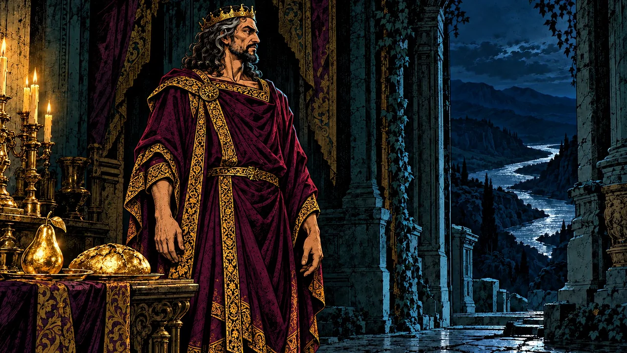 Midas stands beside golden food and tableware, looking towards a moonlit river beyond the palace.