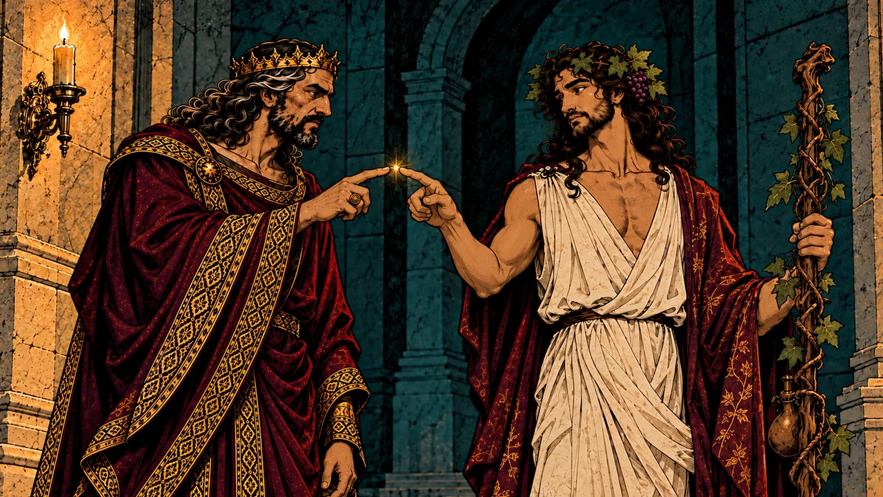 Midas and a vine-crowned god touch fingertips, with a small golden spark between their hands.