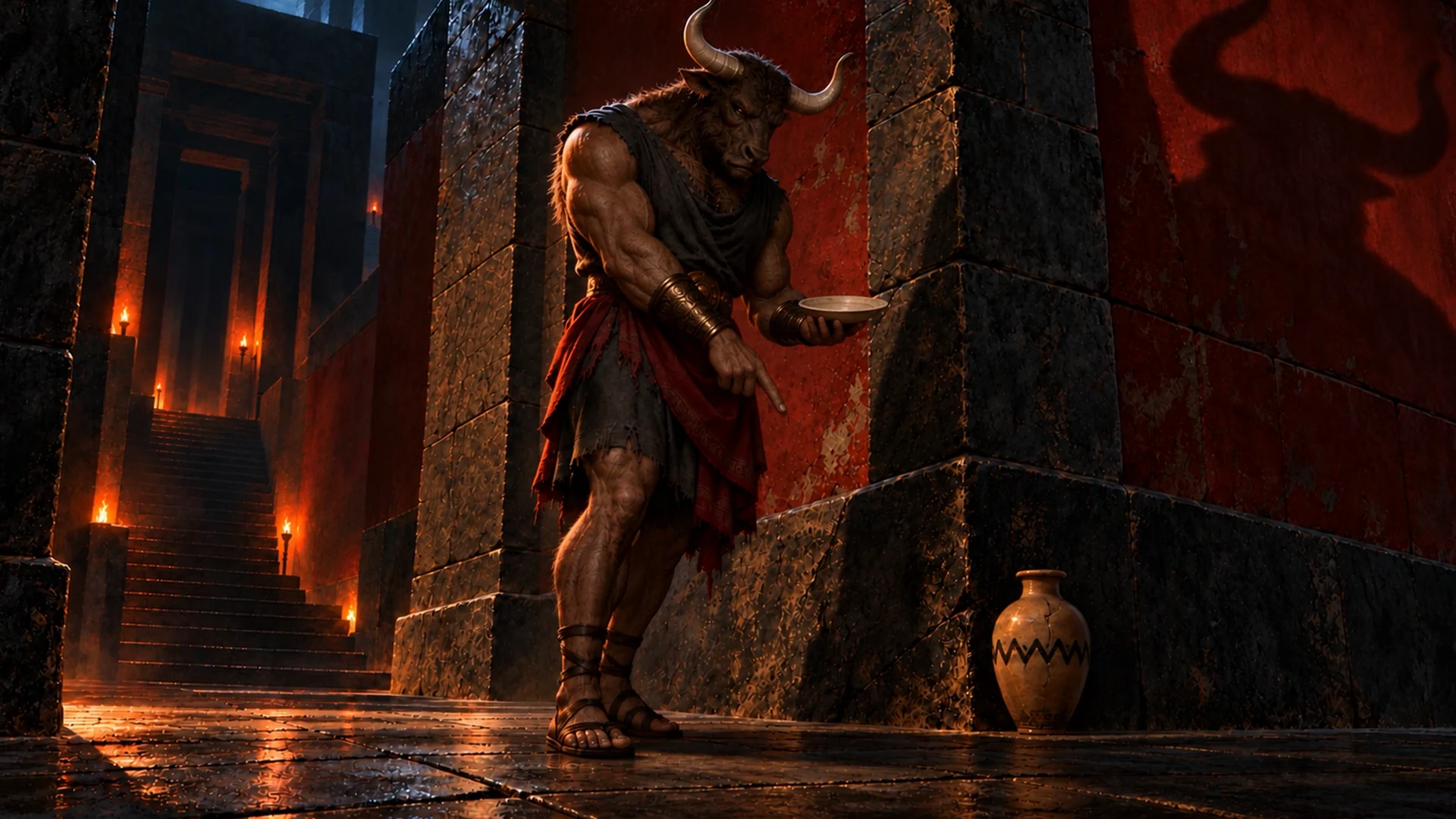 The Minotaur walks through a torchlit stone corridor carrying an empty plate.